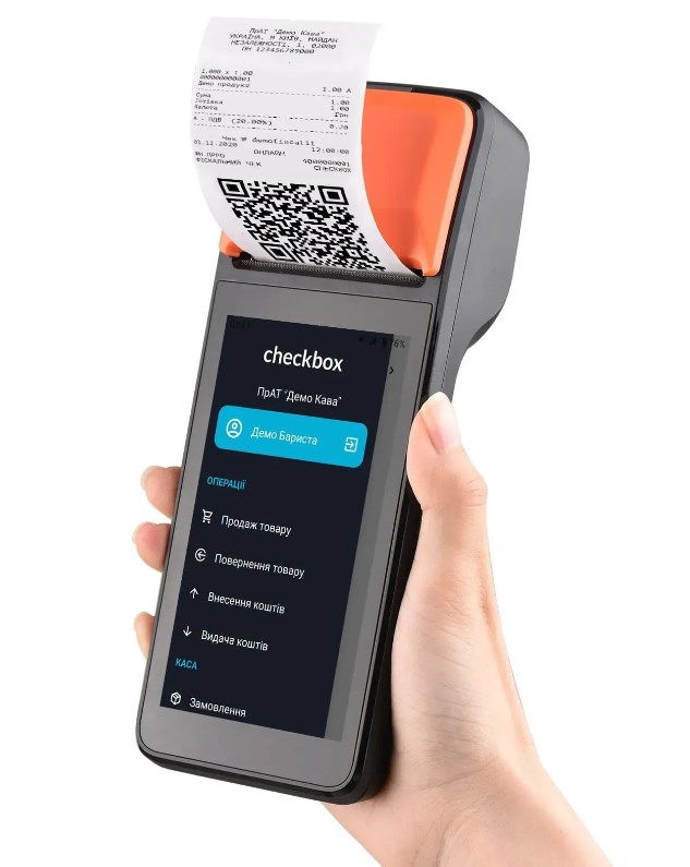 Мобільна каса “Afina” 3-в-1. POS-термінал на Android 13 + принтер чеків + сканер штрихкодів. Робота на акумуляторі до 12 годин